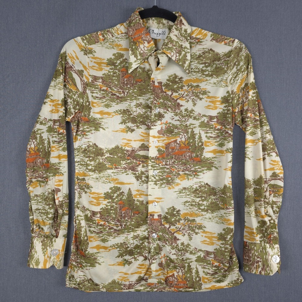 Vintage 1970s Chagal Disco Shirt Mens Medium Antron Nylon Dagger Collar Button